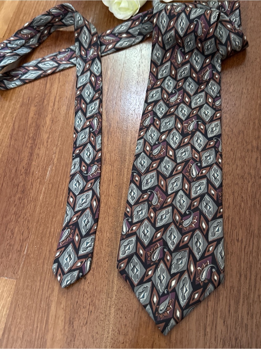 #007 - Dior Men's Geometric Tie in Brown, Gray and Maroon